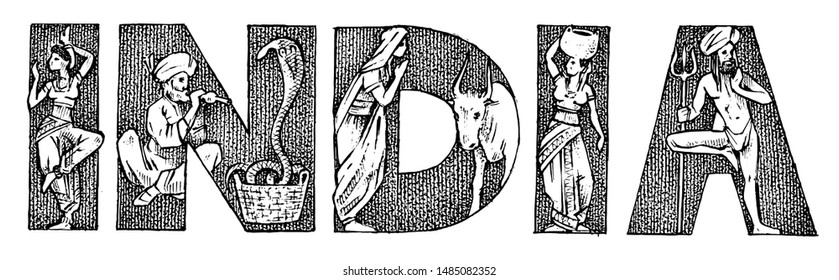 Lettering India. Decorative letters in vintage style. Double exposure. Hand drawn inscription, engraved in vintage sketch style.