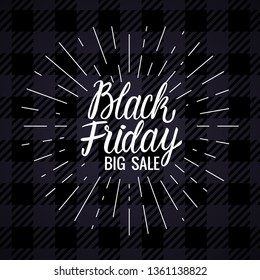 Lettering inscription card Vector Black Friday with rays. Big Sale Design Hand drawn white illustration on checkered dark background. Corners with curls winter ornament.