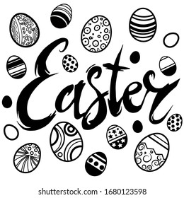 Lettering inscription "Easter" surrounded by hand-drawn Easter eggs. Congratulations on the celebration of Easter on the white isolated background.