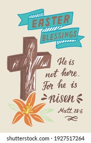 and lettering with inscription He is risen and cross . Biblical background. Sunday. Christian poster. New Testament. Scripture print. Graphics. Celebrate Easter