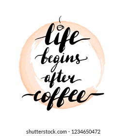 Lettering inscription life begins after coffee. Vector illustration. Cup of coffee.