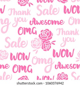 Lettering inscription: Sale, Awesome, WOW, Thank you, Omg. Vector seamless pattern isolated on white background.