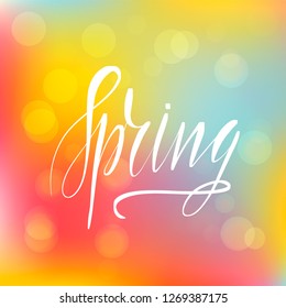 Lettering inscription spring. Vector lettering on blurred lights background.