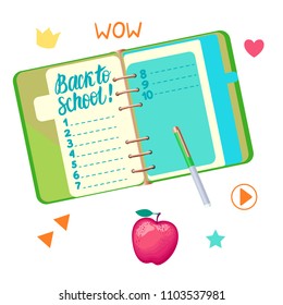 Lettering inscription Welcome Back to school in diary. Vector illustration