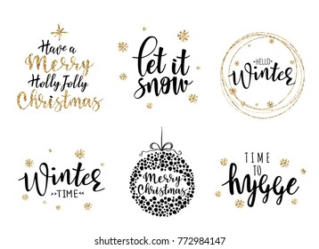 Lettering inscription to winter holiday design gold set. Can be used for invitation, posters, cards and etc.