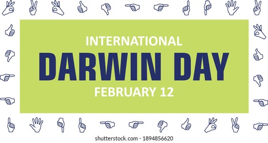 The lettering for International Darwin Day, which falls on February 12, is surrounded by ornamental hand sign language icons as a medium for non-verbal communication between people.