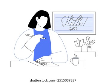 Lettering isolated cartoon vector illustrations. Young girl with pen in hands deals with calligraphy, visual art, hand letting creative hobby, leisure time art activity vector cartoon.