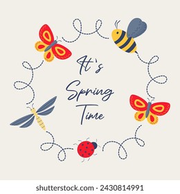 Lettering it`s springtime with butterfly, dragonfly, bee, ladybug for greeting card, invitation template. Lettering banner poster template background, Sale, offer