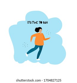 Lettering "It's time to run" with running girl. Bright flat vector illustration. Design element for sport banner, poster, card.
