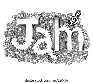 Lettering of jam in a decorative cloud. Black and white, with a treble clef.