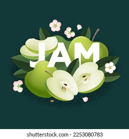 Lettering JAM and Green Apples. Whole and cut fruits, apple seeds, leaves and flowers. Illustration with Grain and Noise texture.