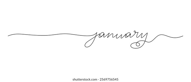 Lettering January drawn with continuous line in minimalism, abstract style, handwritten inscription, calendar, name of month, winter, planner, word, letters, one line, editable vector contour