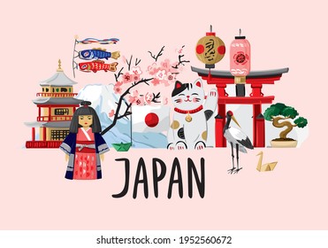 Lettering Japan with a composition of traditional symbols isolated on pink. Banner concept about Japanese traditions, art, culture. Poster for traveling in the eastern country. Vector illustration