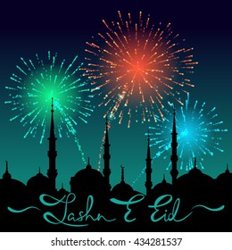 Lettering Jashn E Eid on silhouette of mosque cityscape. Translation Celebration of Eid Festival. Fireworks on abstract night background.