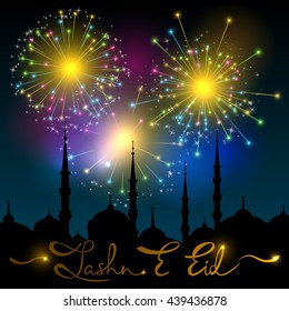 Lettering Jashn E Eid on silhouette of mosque cityscape. Translation Celebration of Eid Festival. Fireworks on abstract night background.