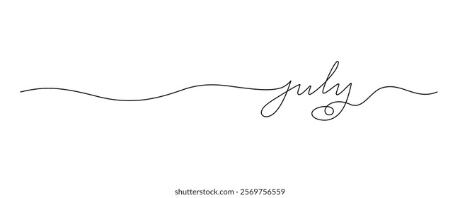 Lettering July drawn with continuous line in minimalism, abstract style, handwritten inscription, calendar, name of month, summer, planner, word, letters, one line, editable vector contour