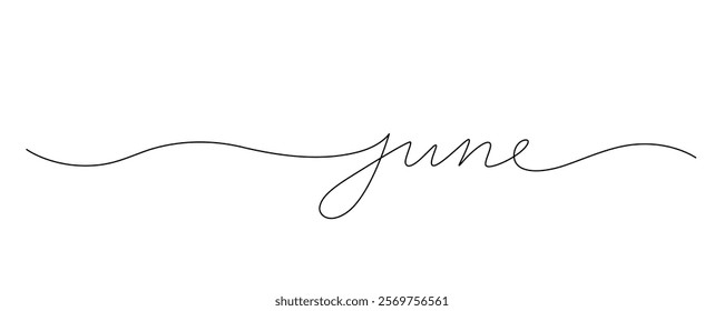 Lettering June drawn with continuous line in minimalism, abstract style, handwritten inscription, calendar, name of month, summer, planner, word, letters, one line, editable vector contour