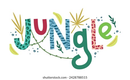 Lettering jungle. Hand drawn text. Leaves, vines, bananas, texture. Isolated vector illustration for your design