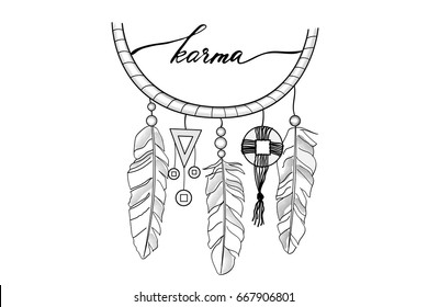 Lettering karma dream catcher hand drawn dream cather and handwritten text karma, vector