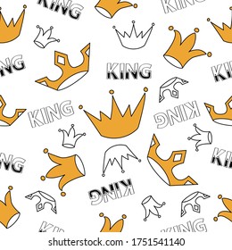 Lettern ist König und Krone. Muster, nahtloser, flacher Hintergrund, handgezeichnet. Web, Verpackung, Papier, Textilien, Tapete, Abdeckung. Handgeschriebene Inschrift.