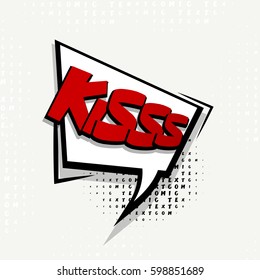 Lettering kiss, love. Comics book burst balloon. Bubble icon speech phrase. Cartoon exclusive font label tag expression. Comic text sound effects. Banner comic box vector illustration.