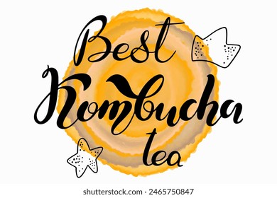 Lettering Kombucha is a good idea with watercolor spot.Handmade Vector clipart concept line isolated on white bkgr.BandW design for poster,card,label,sticker,t-shirt,web,print,stamp ,media,banner,etc.