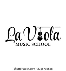 Lettering La Viola logo combines silhouette violin applied for the Violin Music School logo design inspiration. Line Art Violin Viola Fiddle Cello bass Clef music note instrument logo design