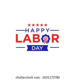 Lettering Labor day with stars gear and ribbon for holiday American logo design 