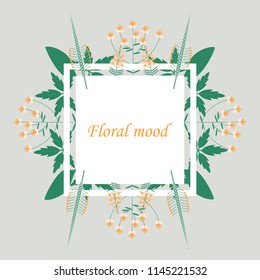 Lettering with leaves: floral mood, Hand sketched card floral mood. Hand drawn floral mood lettering sign. Invitation, banner, postcard.