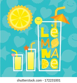 Lettering Lemonade with glasses of lemonade and sunny lemon with clouds like a mint leaves. 