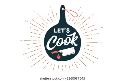 Lettering Lets Cook. Kitchen cutting board. Wall decor, poster, sign, quote. Poster for kitchen design with cutting board and lettering text Lets Cook. Vintage typography. Vector Illustration