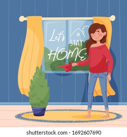 Lettering let's stay home. Girl in a red sweater and jeans watering a home plant near a round carpet and a window with yellow curtains. Blue wall and wooden floor. Colorful vector illustration. 