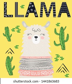 lettering llama. Chilling funny doodle alpaca or peru symbol lama with cactus.