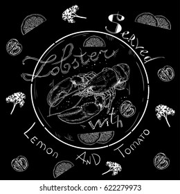 Lettering lobster served with lemon tomato parsley, seafood, menu, seafood restaurant, hand drawn with brush pen, inc. Could be used for fish restaurant, market.
