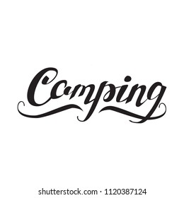 Lettering logo: Camping, Hand sketched Camping lettering typography. Hand drawn Camping lettering sign. Badge, icon, banner, tag, illustration