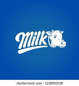 Lettering Logo - Milk and  cow's head. Emblem, illustration, logo design 