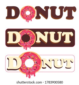 Lettering logo of pink melted round donut, vector design.