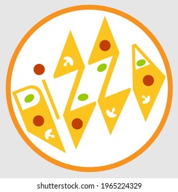 lettering logo pizza with olives, mushrooms and tomatoes