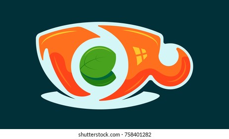 Lettering logo tea with mint in cup flat color design. Vector illustration