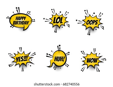 Lettering LOL, oops, wow, happy birthday. Set comics book balloon. Bubble icon speech phrase. Cartoon exclusive font label tag expression. Comic text sound effects. Sounds vector illustration.