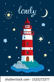 Lettering Lonely. Starlight Night. Lighthouse. Ocean. Stars and new moon.