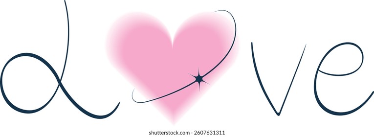 Lettering Love, Blurred Heart shape, Star y2k. Handwritten text with Defocused pink Like symbol on white background. Banner, poster. Isolated word for Valentines day. Calligraphy. Vector illustration