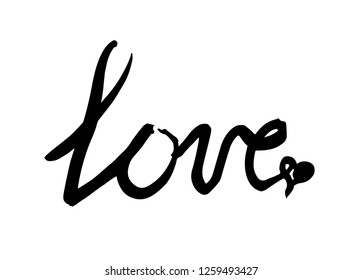 Lettering love with heart. Black line drawing on white background. Hand drown vector illustration.