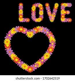 Lettering Love and heart made of flowers. Vector illustration.