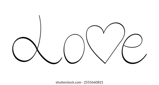 Lettering Love with Heart shape. Isolated single Word. Handwritten Text with sympathy symbol. Romance, passion. Feeling cared. Typography Valentine day. Contour, line. Vector illustration