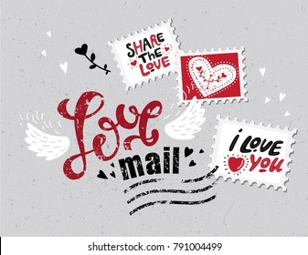 Lettering Love Mail In The Form Of Postage Stamp Postage Stamps With Phrases About Love: True Love, Love Forever. For Design On Valentine's Day Or Wedding Printing.