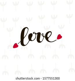 
Lettering Love on a white background with a gray texture in the form of flowers and two red hearts.