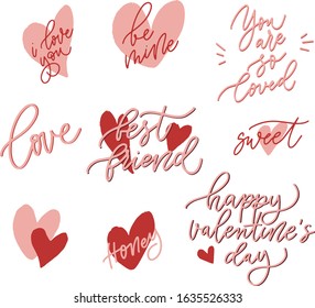 Lettering love overlay set. Sticker pack. Motivational quote. Sweet cute inspiration typography. Calligraphy photo graphic design element. Hand written sign. Love story 