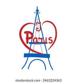 Lettering I love Paris and Eiffel tower. Fashion print for sports wear. Template for t shirt, apparel, card, poster. Eiffel Tower as symbol of love. Design monochrome element. Vector illustration