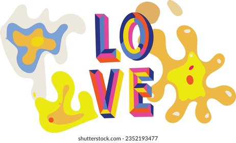 lettering love in risograph with colourfull Abstract pop art color paint splash pattern background , risograph aesthetic creative design or background wallpaper